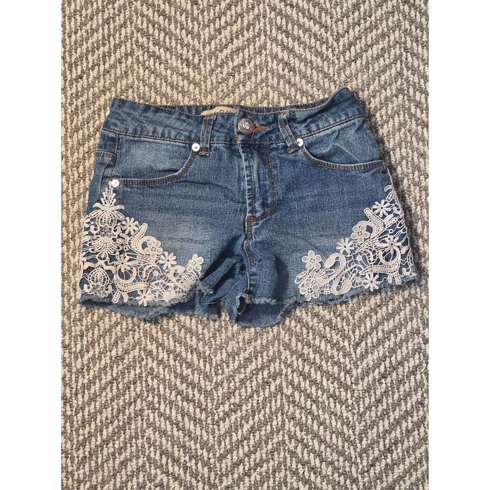 Guess Los Angeles Girls Size 10 Denim Jean Shorts White Floral Lace Cutout